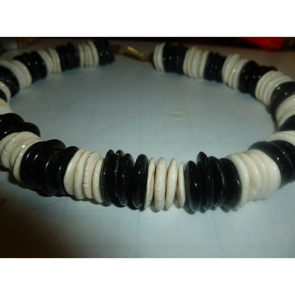 Vtg Artisan Ceramic Disc Bead Necklace‎ Black White Glazed Pottery Boho Choker